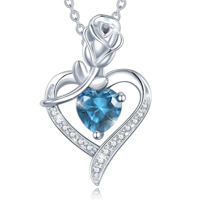 AGVANA December Birthstone Jewelry Blue Topaz Necklace for Women Sterling Silver Rose Flower Heart Pendant Necklace Fine Jewelry Anniversary Birthday Gifts for Women Mom Wife Her - Image 1